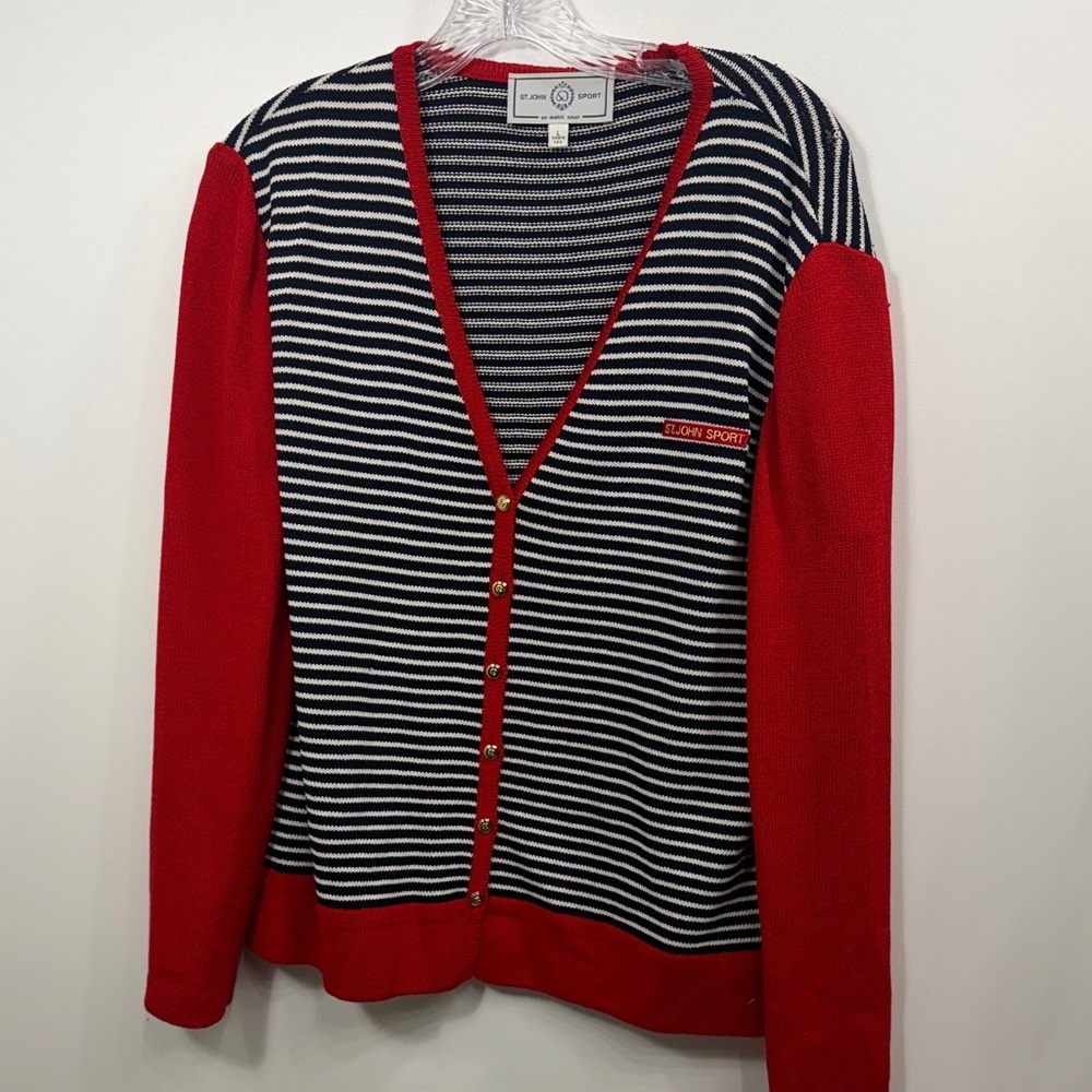 St.John Sport Red Blue Striped button-down cardigan sweater size large.Flaw